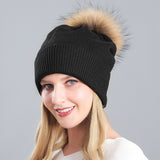 Women's autumn and winter warm double-layer thickened winter knitted fur hat women's wool ball wool hat
