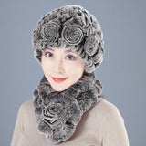 New Rex Rabbit Fur Hat Female Autumn and Winter Outdoor Warm Ear Protection Scarf Mom Casual Suit