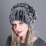 Women's winter warm fashion thickened wool hat Rex rabbit fur hat knitted with side flower hat