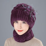 Rex Rabbit Fur Hat Women Winter Thickened Warm Ear Protection Fleece Hat Scarf Two Piece