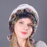 Warm ear protection fur Rex rabbit fur hat three ball autumn and winter round hat knitted women's hat wool hat