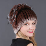 Women's winter warm fashion thickened wool hat Rex rabbit fur hat knitted with side flower hat
